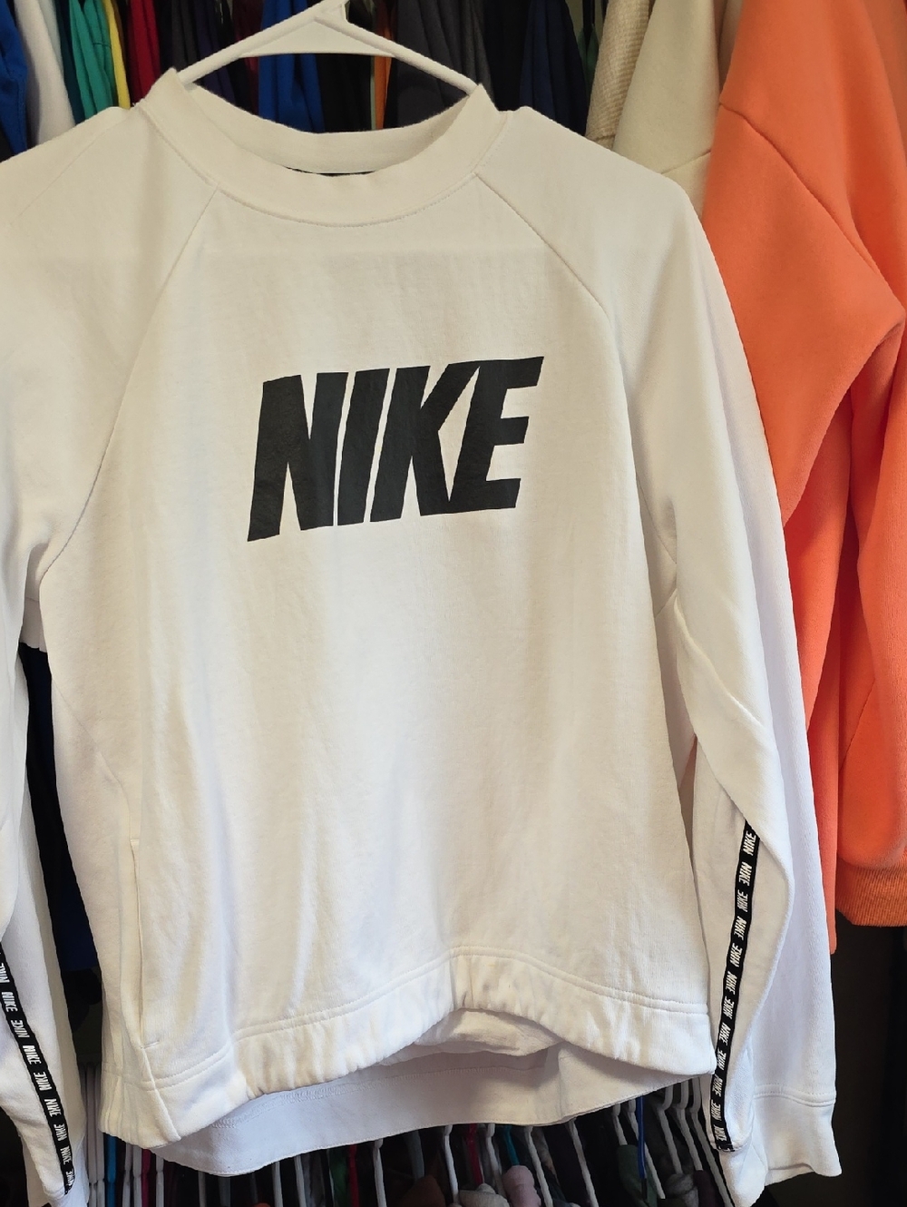 Nike White Sweatshirt with Black Logo and Sleeve Tape